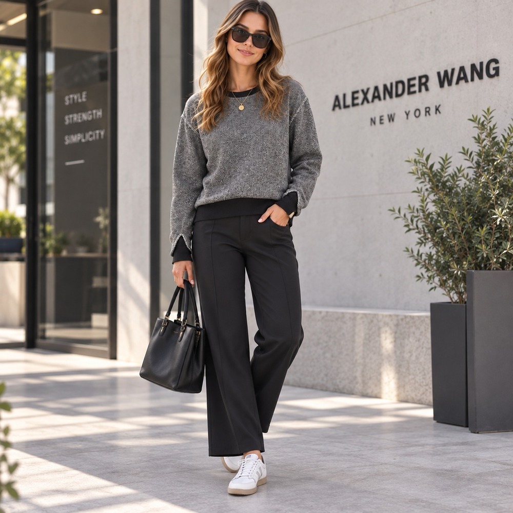 ALEXANDER WANG Women's Sweatshirt Top LARGE Knit Contrast Trim Cotton Sweater